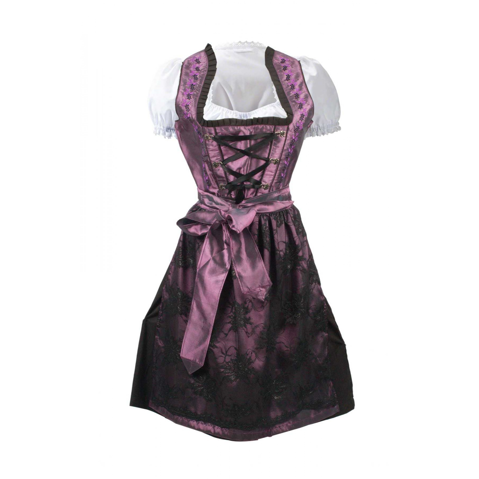 Bavarian Women's Midi Dirndl Dress 2-Pieces+Apron Black Purple 