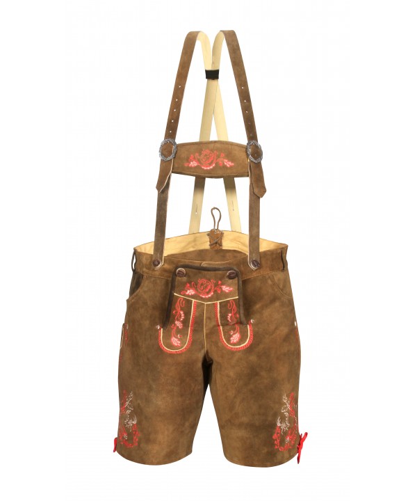 Traditional German Authentic Lederhosen Brown Red