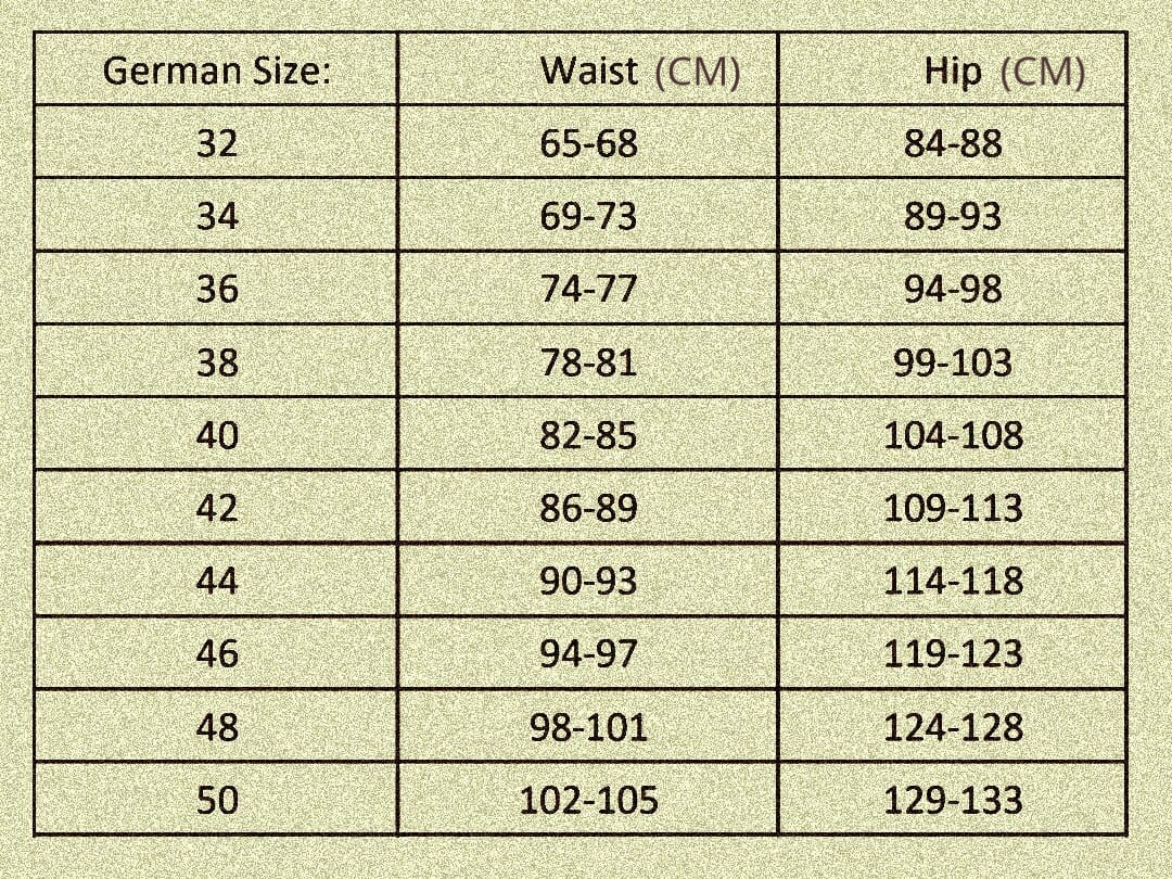 Dirndl Size Chart